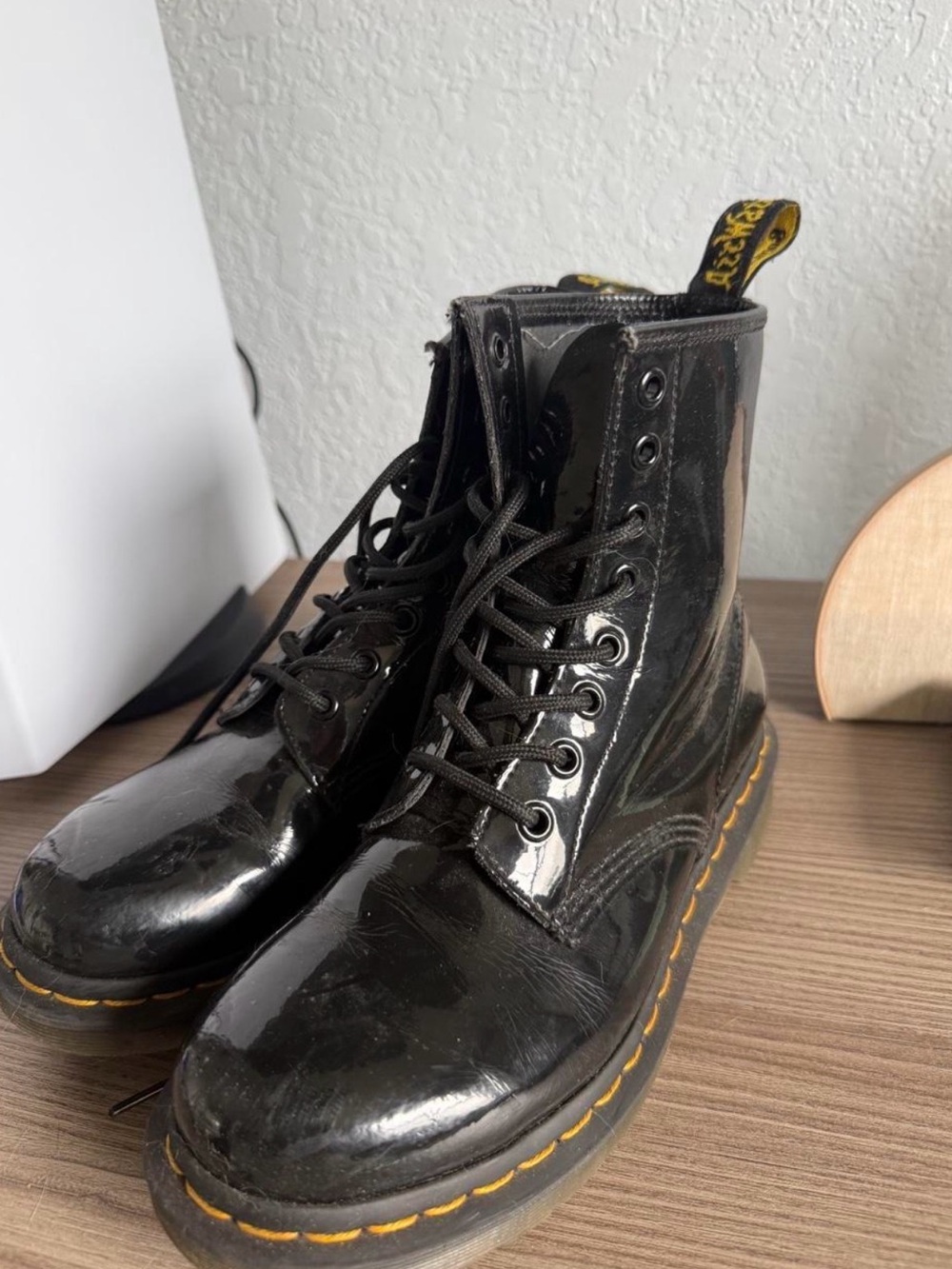 Dr. Martens Black Patent Lace-Up Combat Boots with Yellow Stitching